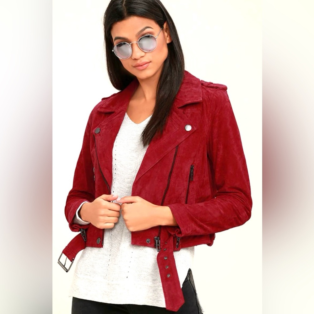 Blank NYC $198 Women’s Backhanded Red Suede Leather Moto Jacket Size S NWT - Picture 4 of 9
